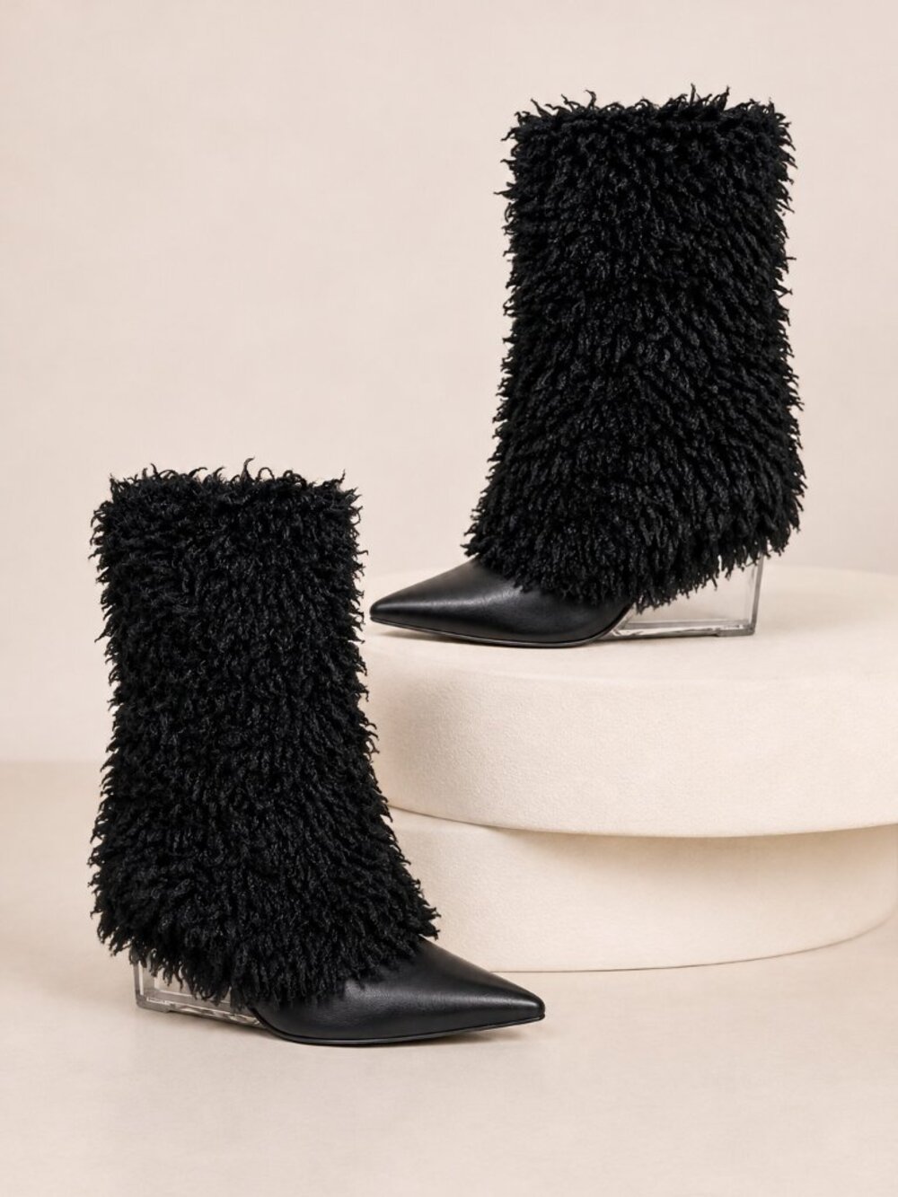 Women’s Shaggy Faux Fur Boots Pointed Toe Clear Wedge Heel Statement Boots